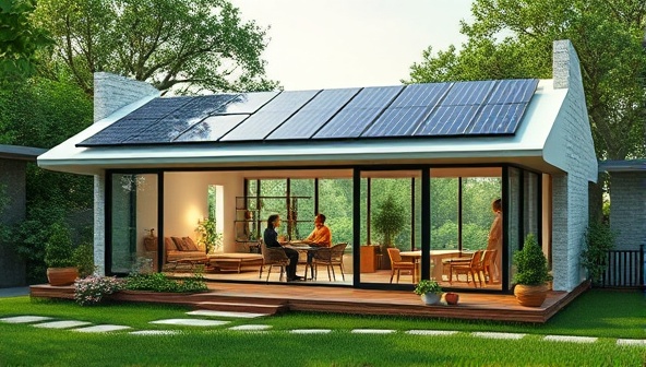 A futuristic modular home design with solar panels, large windows showcasing green surroundings, and a family enjoying a sustainable lifestyle inside, representing harmony with nature and modern living.