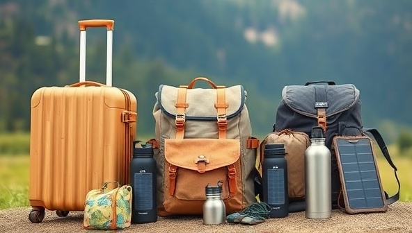An assortment of high-quality, eco-friendly travel gear beautifully displayed in a natural outdoor setting, including bamboo luggage, recycled material backpacks, stainless steel water bottles, and solar-powered chargers, highlighting sustainability and adventure.