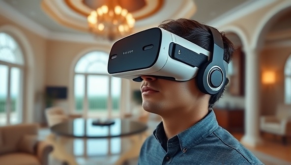 An individual wearing a virtual reality headset and exploring a beautifully rendered 3D representation of a luxurious home interior, showcasing the high-tech and immersive nature of VirtuView Estates' virtual tours.