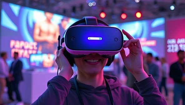 An engaging VR headset display showing a user interacting with a virtual environment that mirrors a real-world product launch event, with vibrant visuals and interactive elements, highlighting the experiential nature of VR marketing.