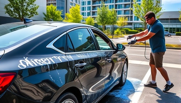 A shiny, clean car being washed by a technician using eco-friendly products and water-saving techniques in a parking lot, surrounded by greenery and office buildings, highlighting the convenience and sustainability of ShineOn Mobile Wash's services.