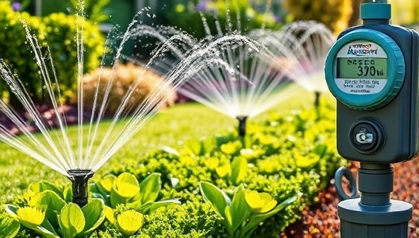 A beautiful garden with smart irrigation sprinklers in action, watering plants with precision, lush greenery flourishing under the sun, and a water meter displaying conservation statistics, highlighting the efficiency and beauty of AquaSmart Solutions' technology.