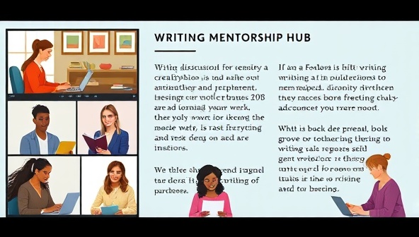 An online writing community hub with virtual mentorship sessions in progress, featuring a diverse group of writers engaging in creative discussions, receiving feedback from mentors, and sharing writing tips and insights, fostering a collaborative and inspiring environment.