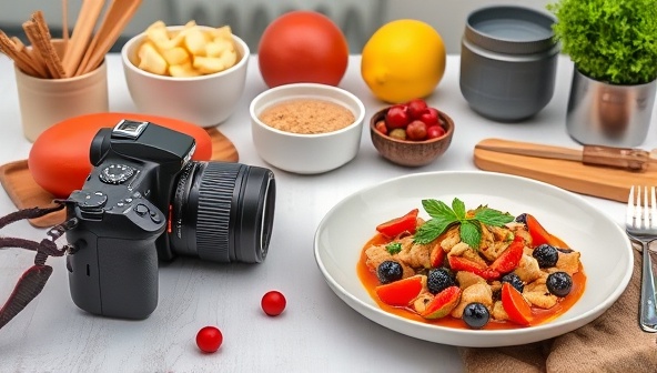 A visually appealing setup with a camera, various food props, and a styled dish ready for photography, capturing the essence of a professional food photography and styling course.