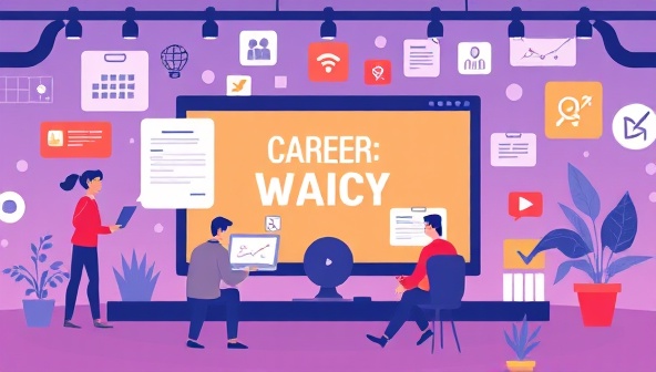 An engaging digital illustration of a virtual career development workshop, featuring professionals sharing insights on job search strategies, resume tips, and interview preparation techniques on a dynamic online platform, surrounded by virtual networking opportunities and career resources, symbolizing growth and success.