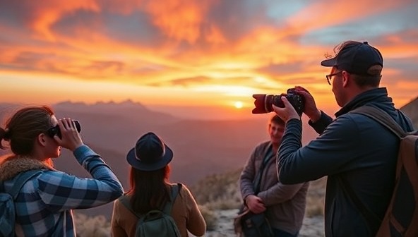 An exhilarating image capturing a photography workshop in action, with participants taking shots of a majestic landscape, adjusting camera settings, and discussing techniques with the instructor, all set against a backdrop of mountains and a vibrant sunset, inspiring creativity and adventure.