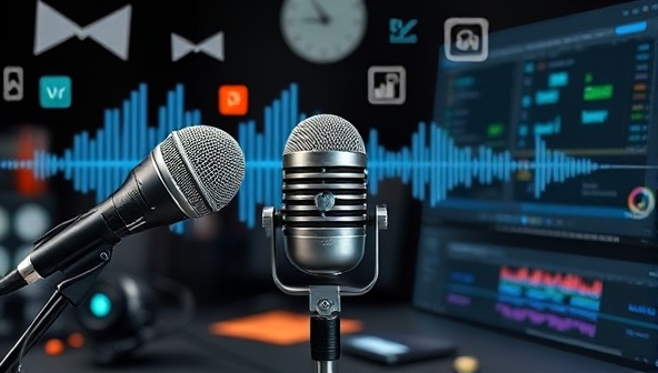 A creative collage of microphones, sound waves, and digital audio editing software elements, symbolizing the podcast production process and the creativity behind crafting engaging audio content.