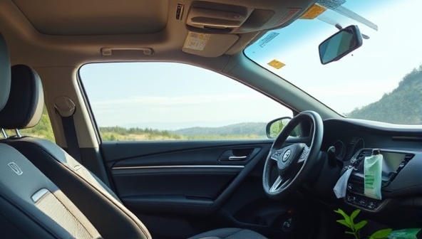 A serene car interior with natural air purifiers, soothing essential oil diffusers, and eco-friendly cleaning products, creating a tranquil and wellness-focused driving environment that promotes relaxation and health.