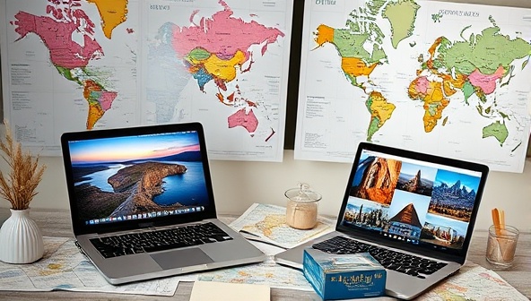A digital workspace with maps, travel guides, and a laptop displaying stunning destination images, evoking a sense of wanderlust and personalized travel planning.