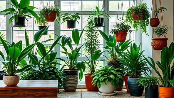 An urban jungle setting with a variety of lush houseplants arranged in stylish pots and hanging planters, creating a serene oasis within a modern living space, showcasing the essence of Green Oasis Club.