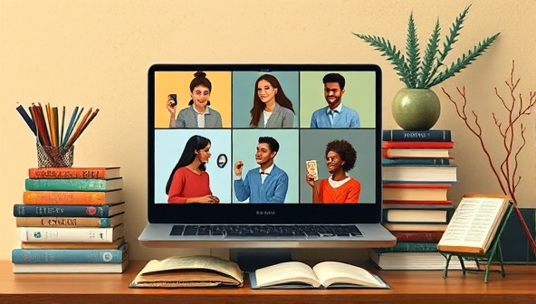 An artistic representation of a virtual book club meeting, showcasing a diverse group of members engaged in a lively discussion on a video call, with a stack of culturally diverse books and literary symbols in the background, creating a welcoming and inclusive atmosphere at Cultural Chapters Club.