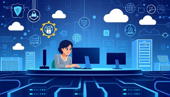 An illustration of a virtual IT team working together on a digital platform, with cybersecurity icons, cloud servers, and network diagrams in the background, symbolizing remote IT consulting and digital solutions.