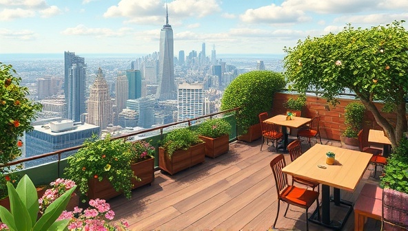 A picturesque illustration of a rooftop garden cafe with lush greenery, blooming flowers, and cozy seating areas overlooking a bustling city skyline, capturing the essence of nature and urban sophistication.