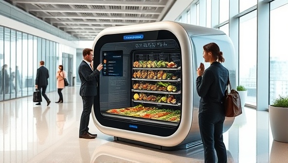 A sleek, futuristic meal prep pod station in a bustling office lobby, with professionals using their smartphones to select meal options, while the pod prepares a fresh, customized meal, showcasing convenience and modern technology.