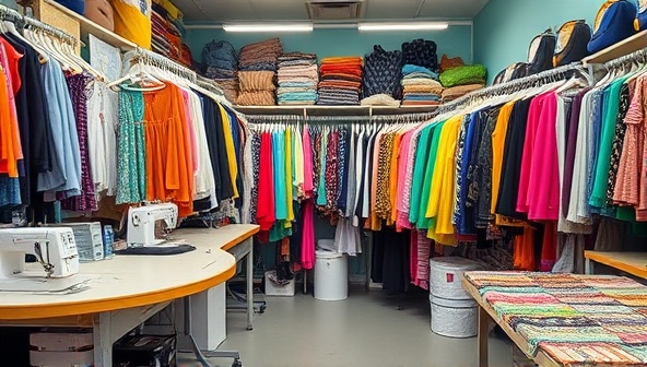 A colorful and vibrant fashion studio filled with racks of upcycled clothing, sewing machines, and sustainable fabric swatches, conveying a creative and eco-friendly atmosphere for fashion reinvention.