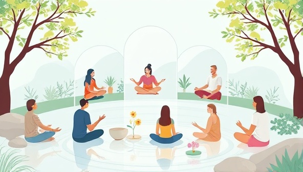 A serene digital artwork depicting a diverse group of people engaging in virtual therapy sessions and mindfulness practices, surrounded by calming nature elements like trees and flowing water, symbolizing peace and emotional support.