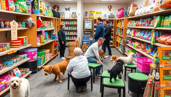 A vibrant pet store setting with shelves stocked with pet toys, accessories, and treats, pets playing in a designated play area, and pet owners interacting with each other and their furry companions, creating a lively and welcoming atmosphere for both pets and humans.