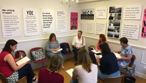 An intimate workshop setting with participants engaged in writing exercises, surrounded by inspirational quotes and photos, fostering a sense of community and creative expression.
