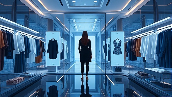 An elegant and futuristic visual of a virtual dressing room with a mirrored screen displaying outfit suggestions on a user while they stand in front, surrounded by digital clothing options and accessories, embodying a seamless and interactive shopping experience.