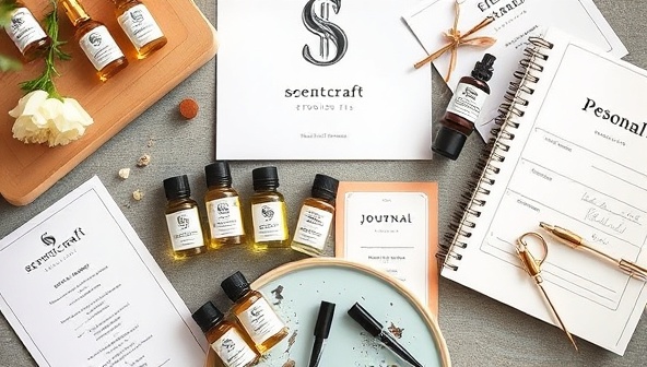 An artistic flat lay of ScentCraft Studio's fragrance creation kit components, including glass vials of essential oils, blending pipettes, scent profile cards, and a personalized scent journal, evoking a sense of creativity and luxury in the world of personalized perfumery.