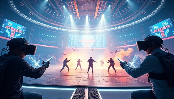 An epic virtual battle scene within a futuristic virtual reality arena, with players in full VR gear engaging in a competitive eSports match, showcasing the immersive and exhilarating experience of the VR Battle Dome.