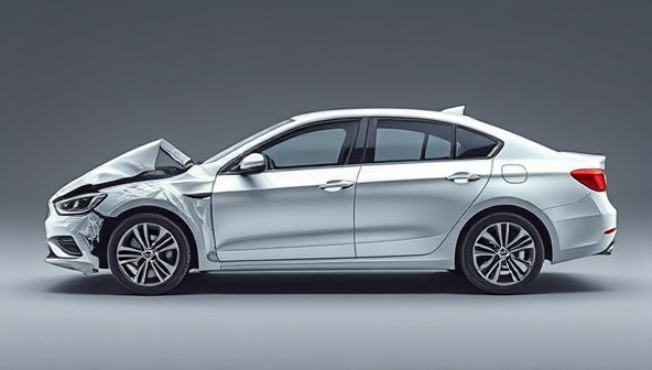 An animated graphic showcasing a damaged car transforming into a pristine vehicle using digital repair tools and virtual technicians, illustrating the seamless and transformative nature of virtual auto body repairs.