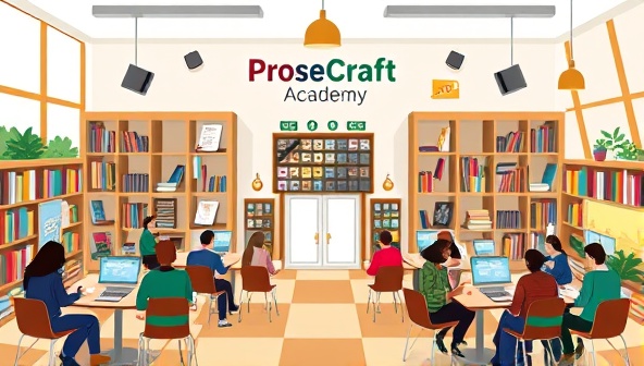 A visual representation of ProseCraft Academy as a virtual writing campus with interactive classrooms, digital bookshelves filled with writing resources, and a diverse group of students and instructors engaged in creative discussions and learning sessions, fostering a vibrant and supportive writing community.