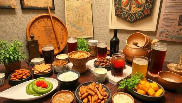 An immersive virtual tasting setup featuring a diverse selection of global foods and beverages, accompanied by cultural artifacts and storytelling elements, creating a sensory-rich experience that transports participants on a culinary journey with TasteWanderer Tours.