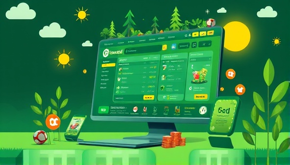 A vibrant digital illustration showcasing a green-themed online betting platform with eco-friendly elements, sustainable gaming rewards, and environmental symbols, symbolizing the eco-conscious mission and sustainable practices of GreenBet EcoGaming as a socially responsible gambling platform.