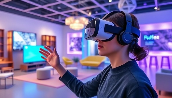 An artistic representation of a person wearing a VR headset, interacting with lifelike virtual furniture and gadgets in a futuristic virtual showroom, highlighting the immersive shopping experience.