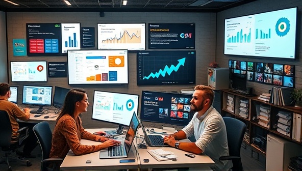 A virtual marketing agency workspace scene with a team of digital marketers brainstorming ideas, analyzing data on multiple screens, and creating engaging content for client campaigns, showcasing a collaborative and dynamic approach to online brand building and marketing strategies.