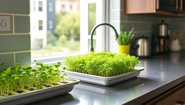 An urban kitchen counter adorned with a vibrant array of fresh microgreens growing in sleek, modern trays, bathed in natural light, showcasing the simplicity and beauty of growing your greens at home.