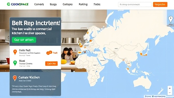 An online platform interface showcasing a map of available commercial kitchen spaces for rent, along with user reviews and ratings, inviting culinary enthusiasts and aspiring food entrepreneurs to explore cooking opportunities and collaborations through CookSpace Connect's community kitchen sharing platform.