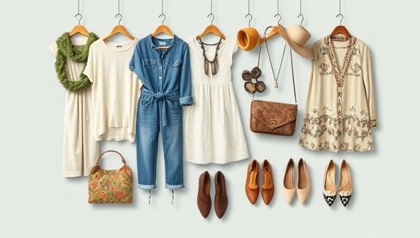 An artistic image showcasing a collection of sustainable fashion items such as organic cotton clothing, recycled accessories, and ethically-made shoes, symbolizing the fusion of style and sustainability in local fashion design.