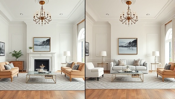 An elegant virtual staging setup featuring a beautifully designed living room transformation, with side-by-side images showing the original space and the virtually staged room, demonstrating the potential of virtual staging to elevate property visuals and attract buyers.