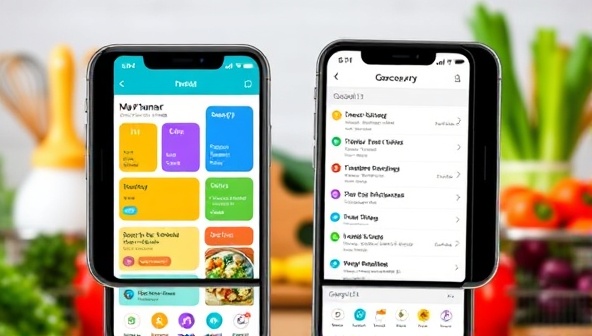 A smartphone screen split in half, showing a colorful, visually appealing meal planner interface on one side and a grocery list on the other, with fresh ingredients and kitchen utensils in the background, conveying ease and efficiency in meal planning.
