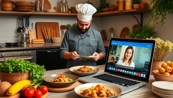 An enticing virtual food tour setup with a chef preparing a signature dish, surrounded by local ingredients, kitchen utensils, and a laptop streaming the live event, capturing the essence of culinary exploration from home.