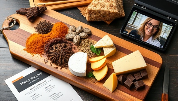 An assortment of exotic spices, cheeses, and chocolates elegantly arranged on a wooden tasting board, accompanied by a tasting guide and a laptop displaying a live virtual food tasting session, creating a sensory journey through diverse flavors.