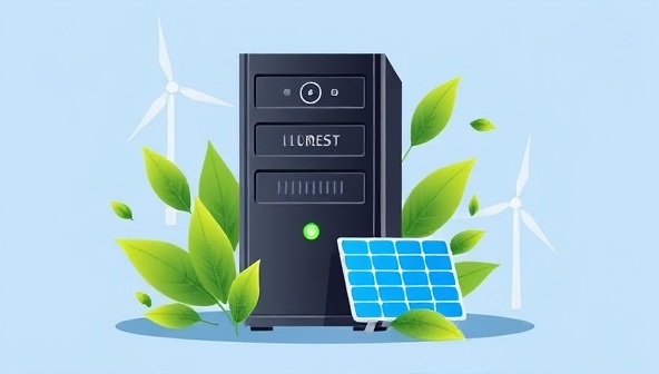 An illustration of a website server powered by renewable energy sources such as wind turbines and solar panels, surrounded by green leaves and a clean, eco-friendly design aesthetic, symbolizing sustainable web hosting and design services.