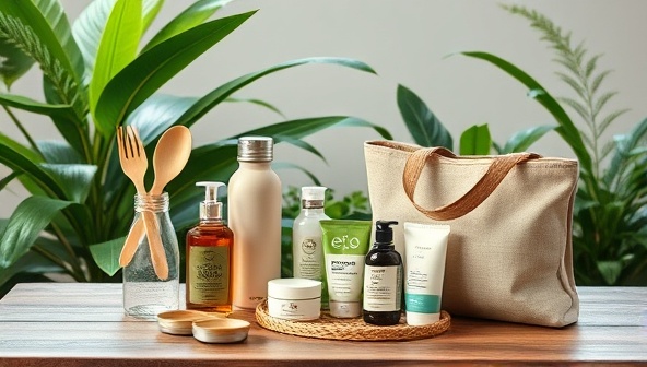An aesthetically pleasing travel kit with bamboo utensils, a reusable water bottle, organic toiletries, and a foldable eco-friendly bag, arranged on a wooden table against a backdrop of lush greenery and eco-conscious branding, illustrating sustainability and travel essentials.