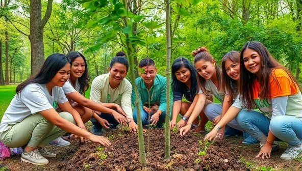 A group of diverse brand ambassadors planting trees together in a lush green park, wearing branded eco-friendly apparel and spreading awareness about sustainable living practices, symbolizing unity and environmental stewardship in the brand ambassador program.