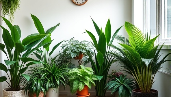 An inviting and cozy indoor plant corner featuring a variety of lush green plants and succulents arranged aesthetically in a well-lit room, creating a serene and nature-inspired ambiance, capturing the essence of GreenThumb Subs' plant care subscription service.