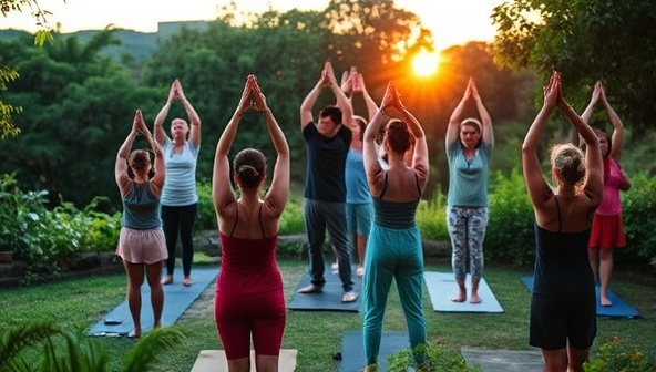 A group of diverse individuals participating in a yoga session amidst lush greenery and serene natural surroundings, with the sun setting in the background, creating a peaceful and harmonious atmosphere at a NatureFit Gatherings event.