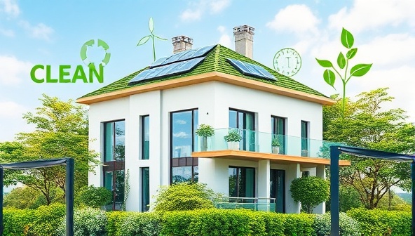 An artistic representation of a modern eco-friendly building with solar panels, green roofs, and efficient heating systems, surrounded by lush greenery and clean energy symbols, symbolizing sustainable real estate practices and environmental consciousness promoted by EcoEstate Advisors.
