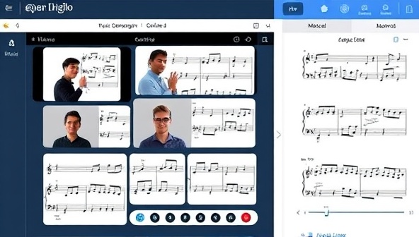 An online platform interface showcasing a virtual music theory workshop with participants engaging in interactive exercises, analyzing musical scores, and discussing composition techniques, fostering a collaborative and enriching learning environment for music enthusiasts.