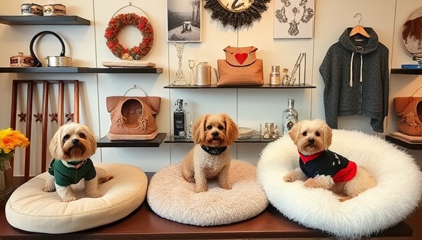 A chic display featuring a variety of custom pet accessories like embroidered collars, plush beds, and stylish pet clothing, with adorable pets modeling the accessories in a cozy and elegant setting, exuding luxury and individuality.