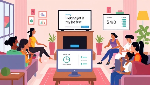 A digital illustration of a diverse group of people engaging in virtual fitness sessions from their living rooms, with motivational quotes and progress trackers displayed on their screens, conveying a sense of community and achievement.