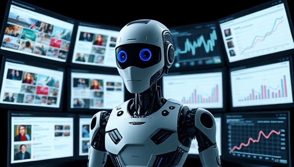 An AI-powered robot surrounded by screens displaying various social media posts and analytics charts, symbolizing the intelligent content generation process and digital efficiency of the platform.