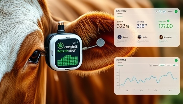 An image showing a smart IoT device attached to a cow's ear, collecting real-time data on the animal's health and behavior, with a digital dashboard displaying insights for the farmer, highlighting the technological advancement in livestock monitoring.