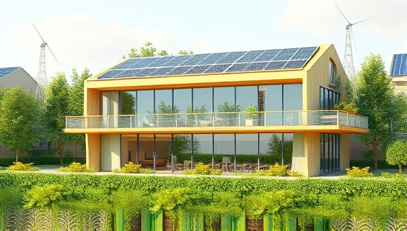 An artist's rendering of a modern eco-friendly building with solar panels, green roofs, and large windows for natural light, set against a backdrop of lush greenery and clean energy sources, symbolizing sustainable living and environmental harmony.